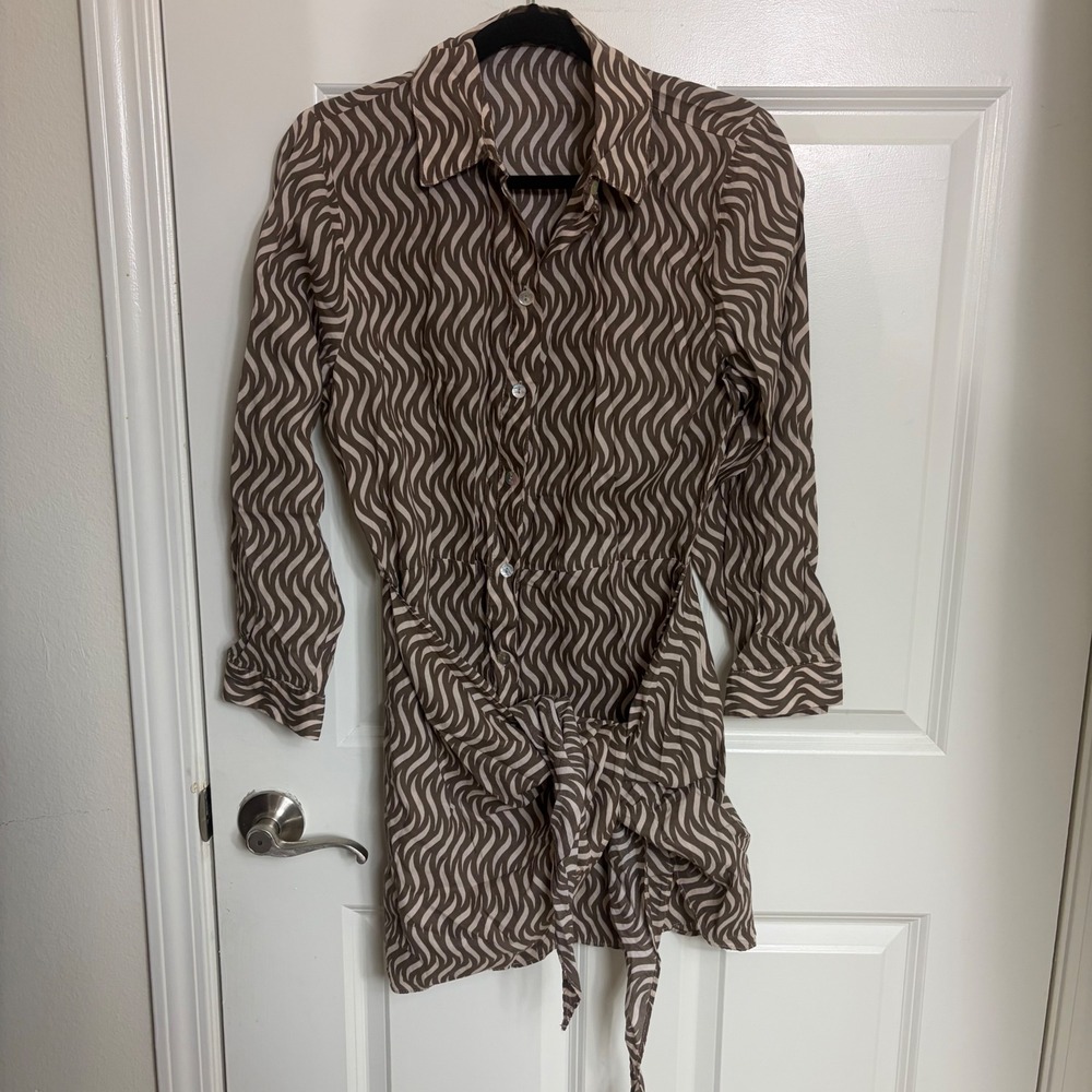Zara Brown Wavy Geometric Print Tie Front Button Down Shirt Dress Small